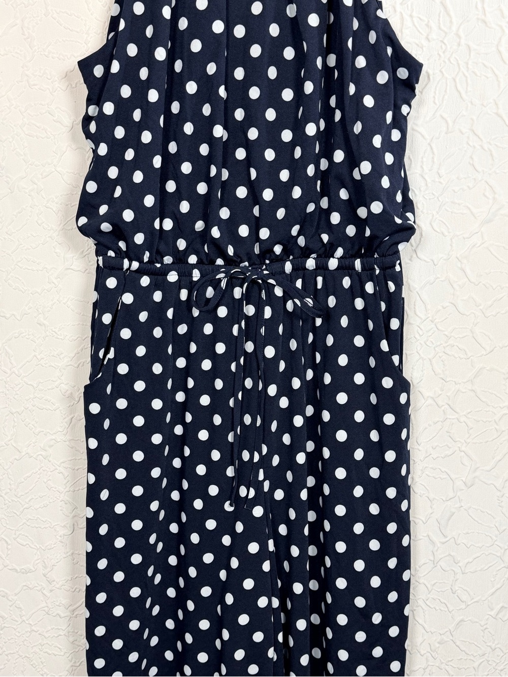 Emma & Michele Dark Navy Polka Dot Halter Wide Leg Cropped Romper Sz PM - Picture 5 of 14